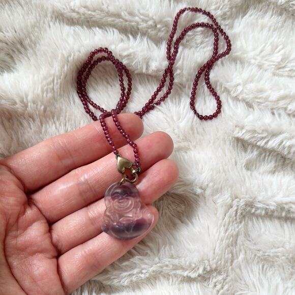 Laughing Buddha Carved Fluorite with Beaded Necklace Heart Clasp - Picture 3 of 4